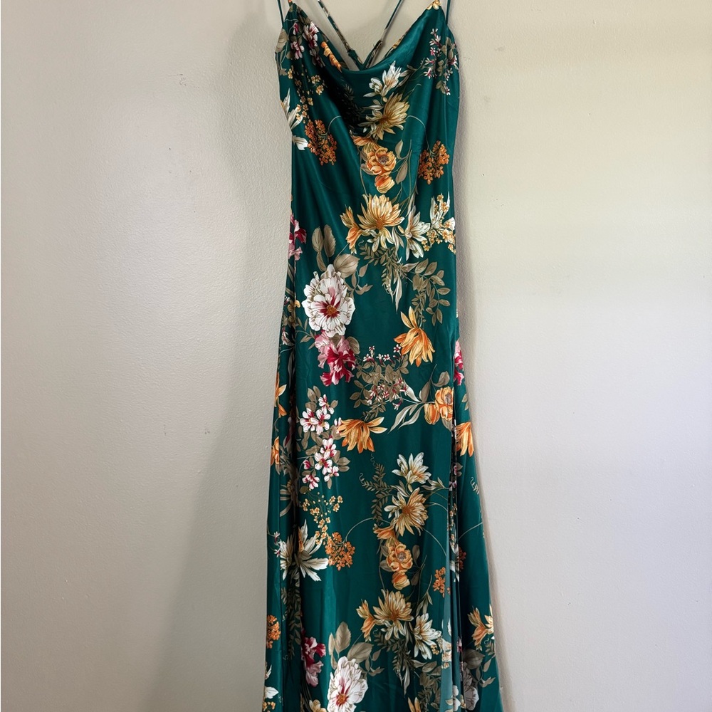 12th Tribe Emerald Green Floral Satin Slip Dress with Thigh Slit - Picture 3 of 4